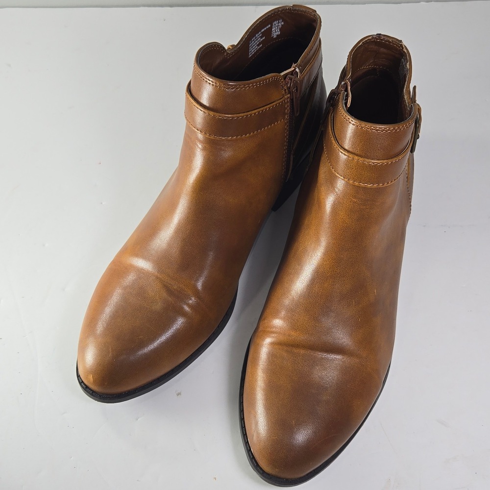American Eagle Women Tan Faux Leather Ankle Boots Buckle Side Zip Pointed Toe 10